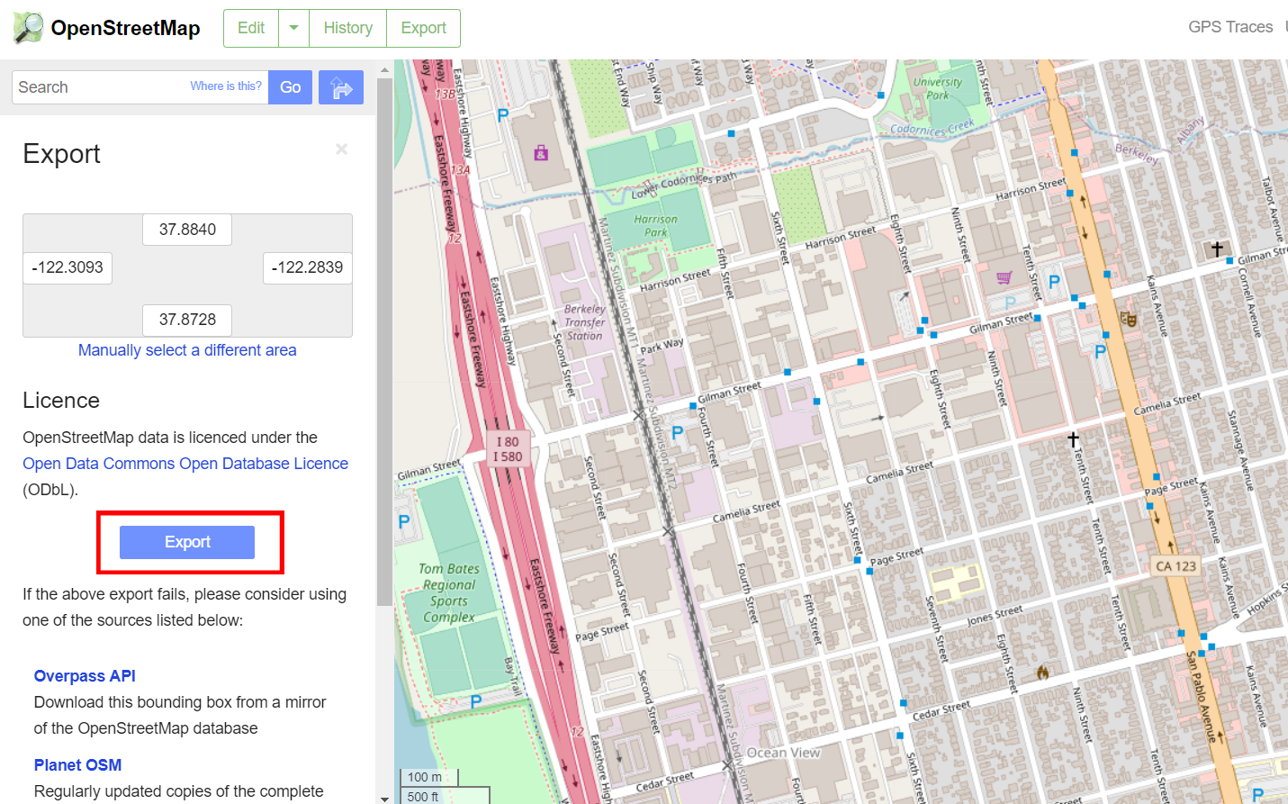 OpenStreetMap UI Export Button